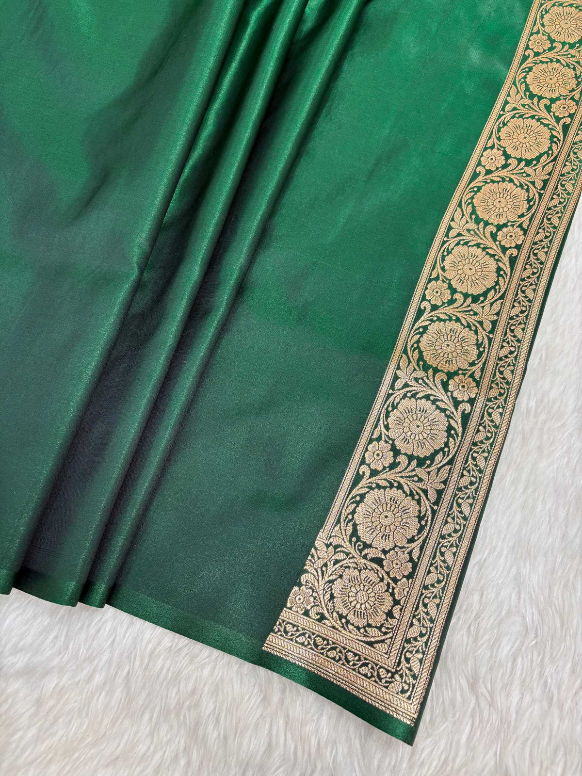 Botel Green Satin Silk Banarasi Saree with Golden Zari Floral Bel Jaal