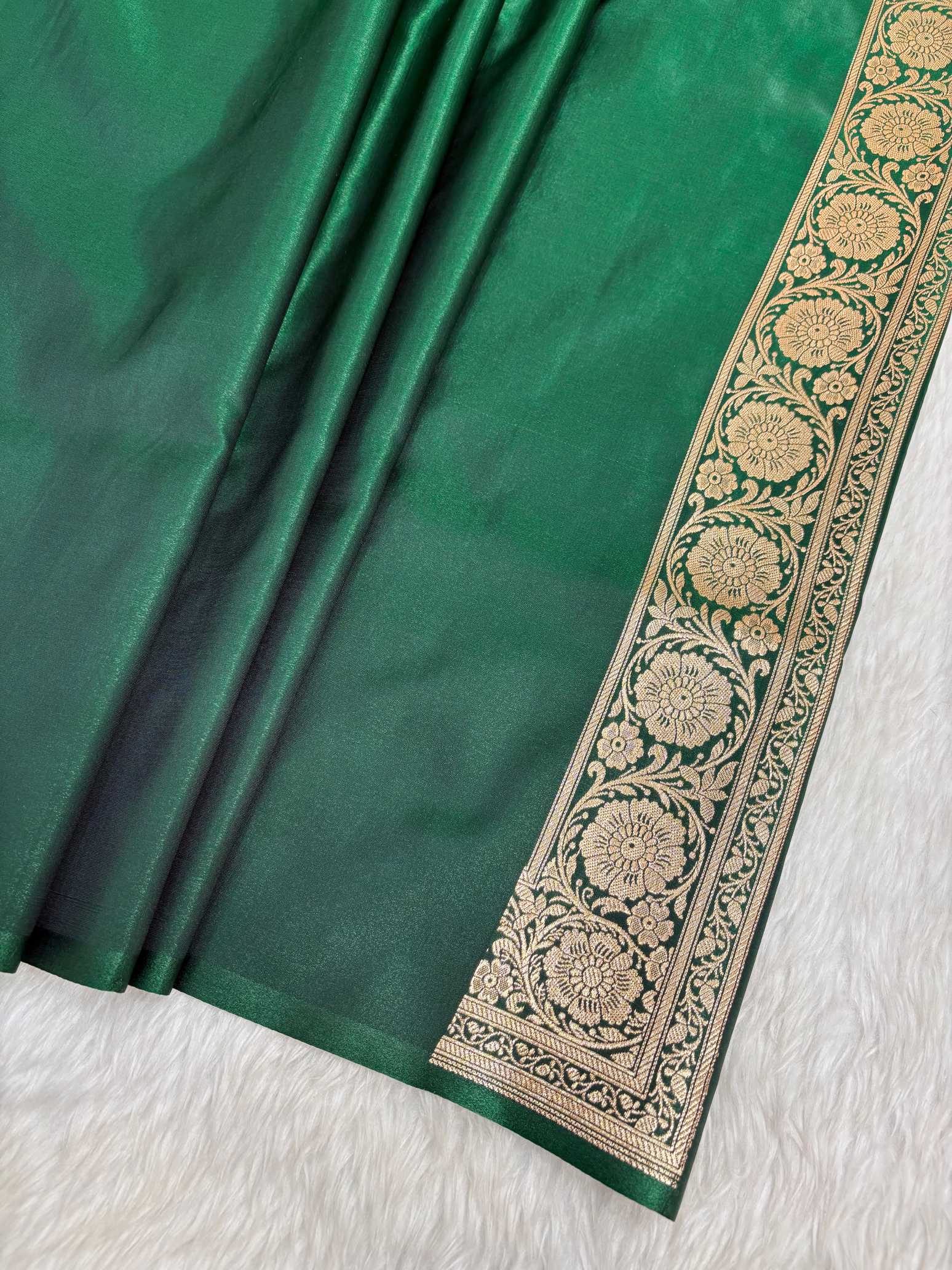 Botel Green Satin Silk Banarasi Saree with Golden Zari Floral Bel Jaal