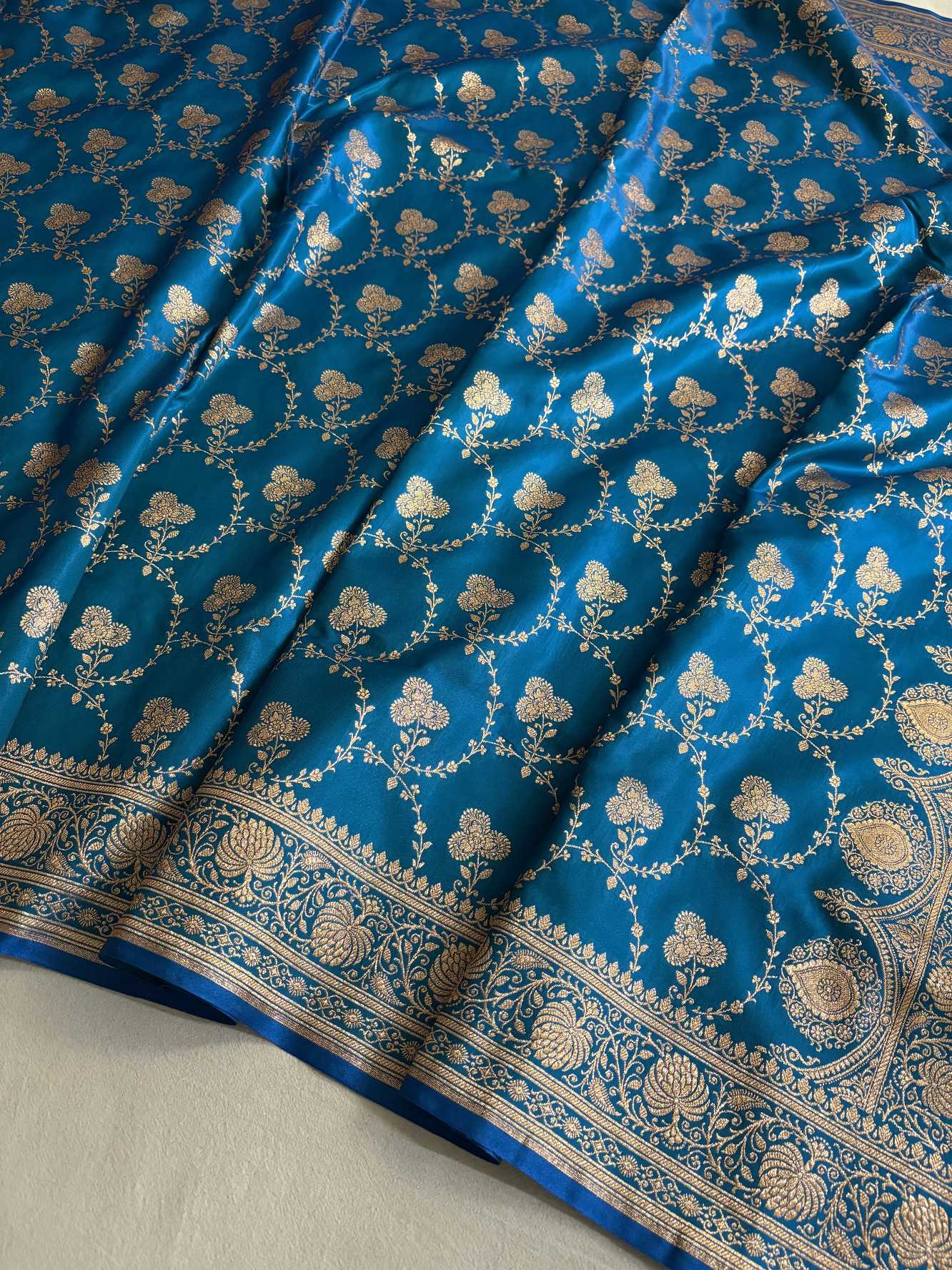 Satin Silk Saree Banarasi Jaal in Firozi Shades