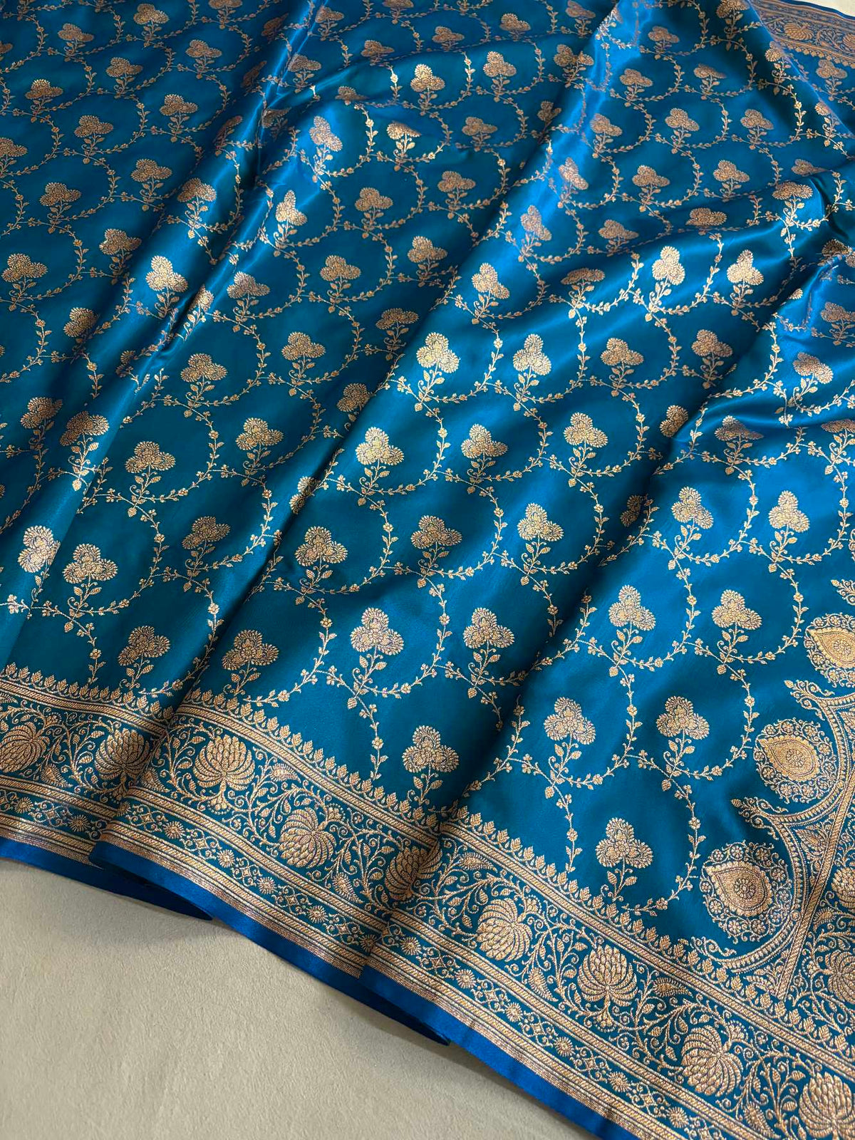 Satin Silk Saree Banarasi Jaal in Firozi Shades