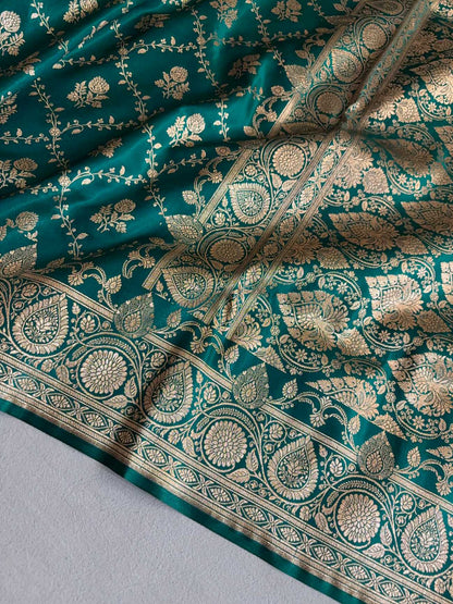 Rama Green Bel Jaal Satin Silk Banarasi Saree