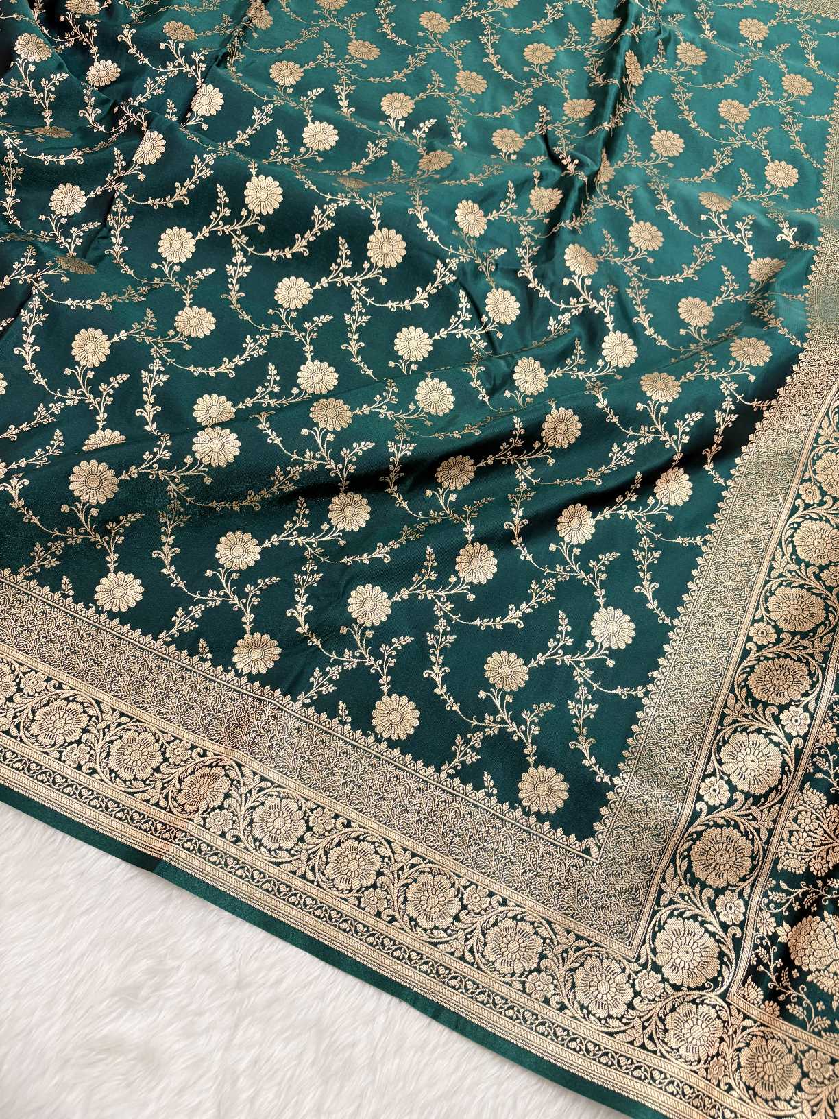 Teal Green Satin Silk Banarasi Saree with Golden Zari Floral Bel Jaal