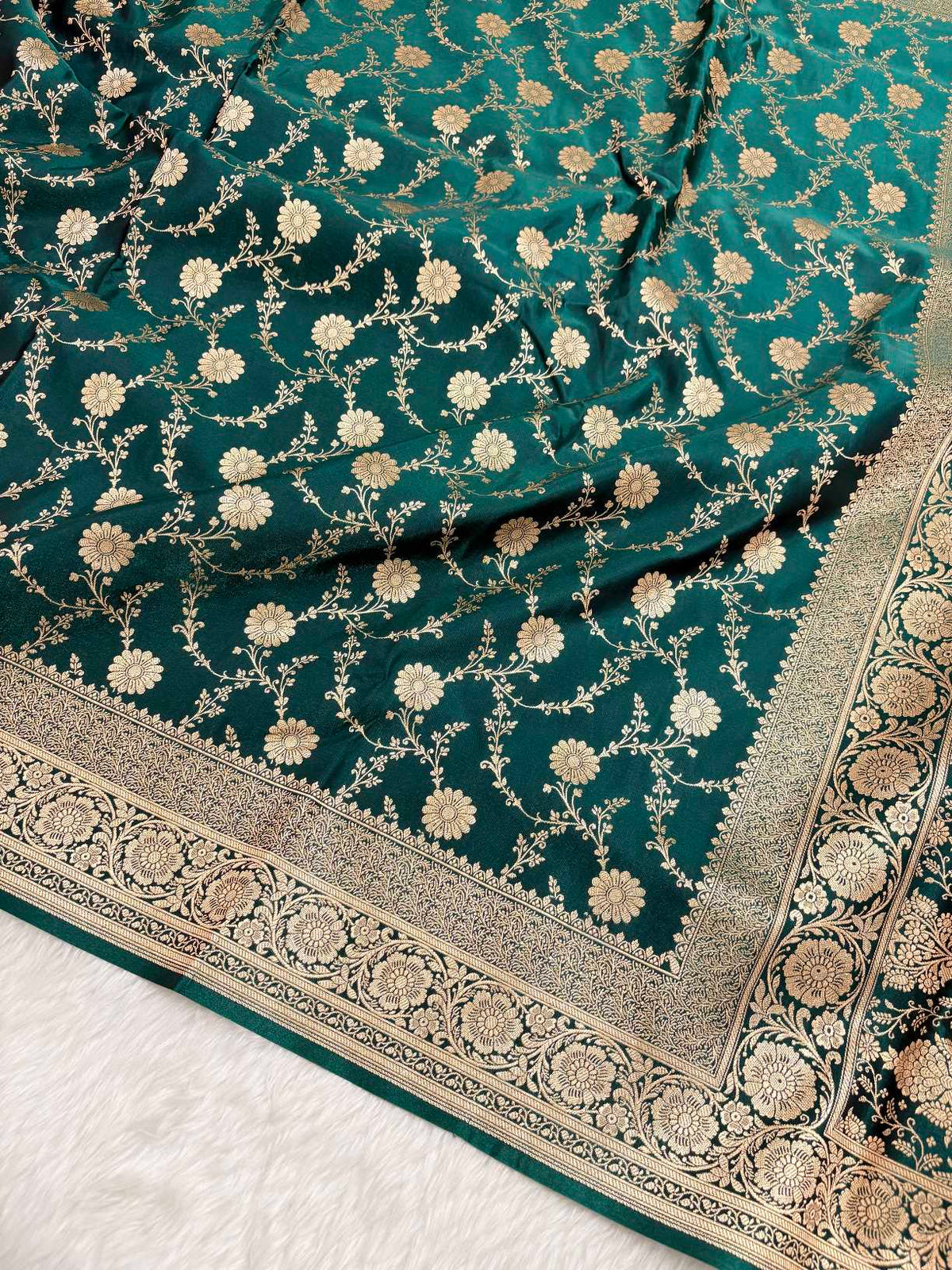 Teal Green Satin Silk Banarasi Saree with Golden Zari Floral Bel Jaal