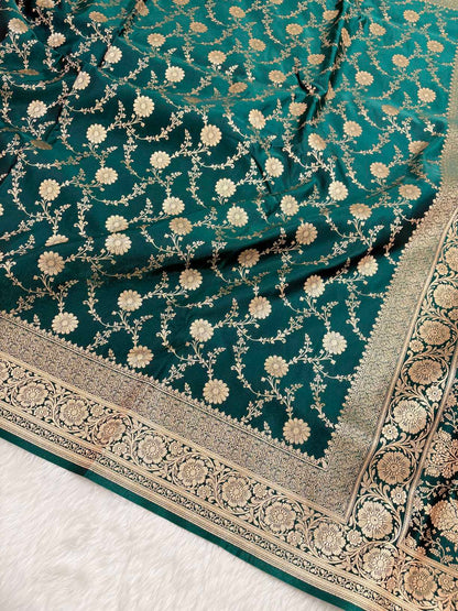 Teal Green Satin Silk Banarasi Saree with Golden Zari Floral Bel Jaal