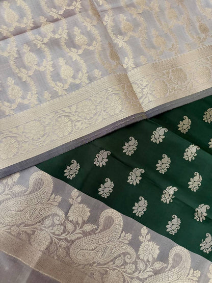 Grey and Bottle Green Satin Silk Banarasi Suit