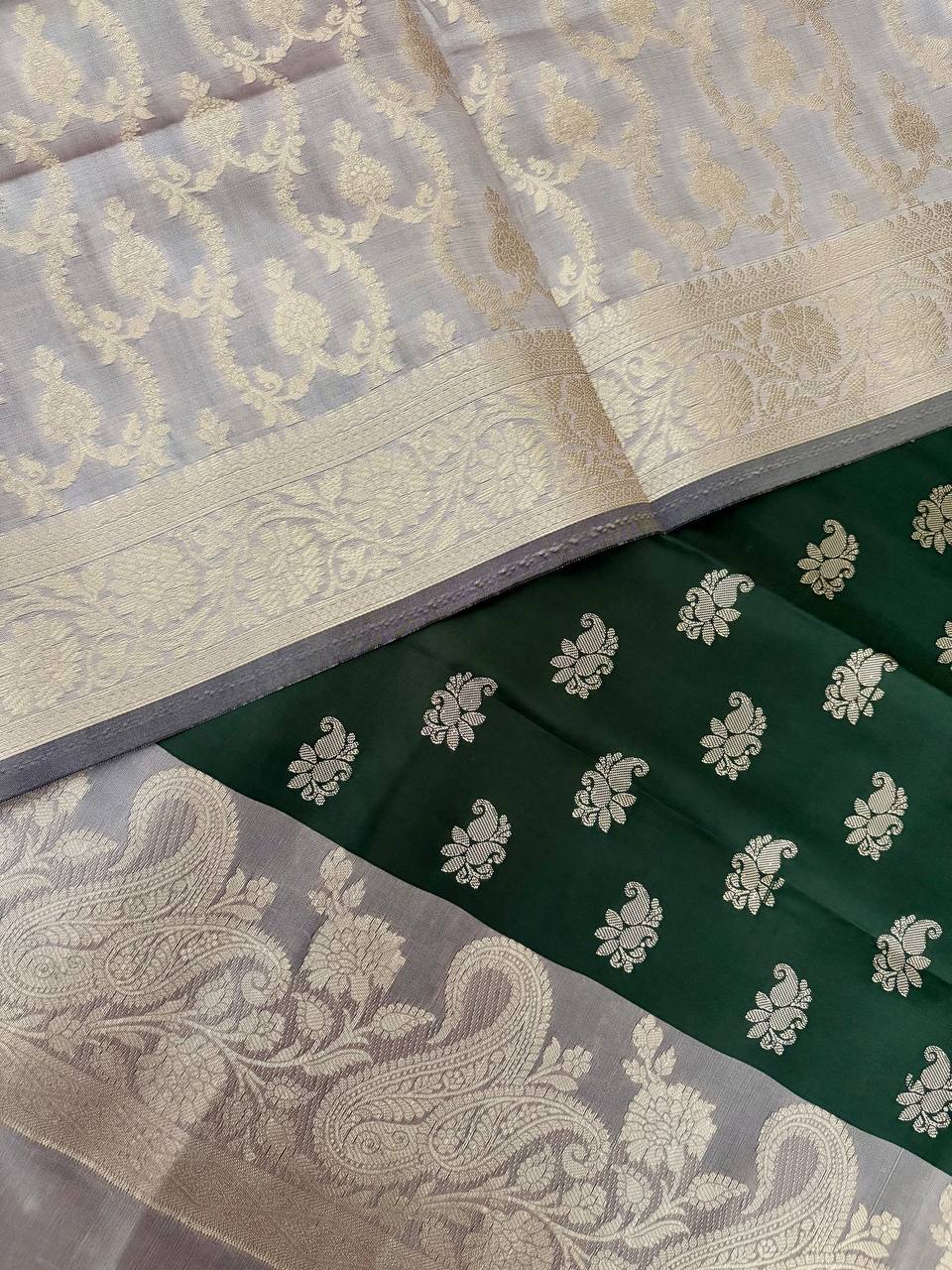 Grey and Bottle Green Satin Silk Banarasi Suit