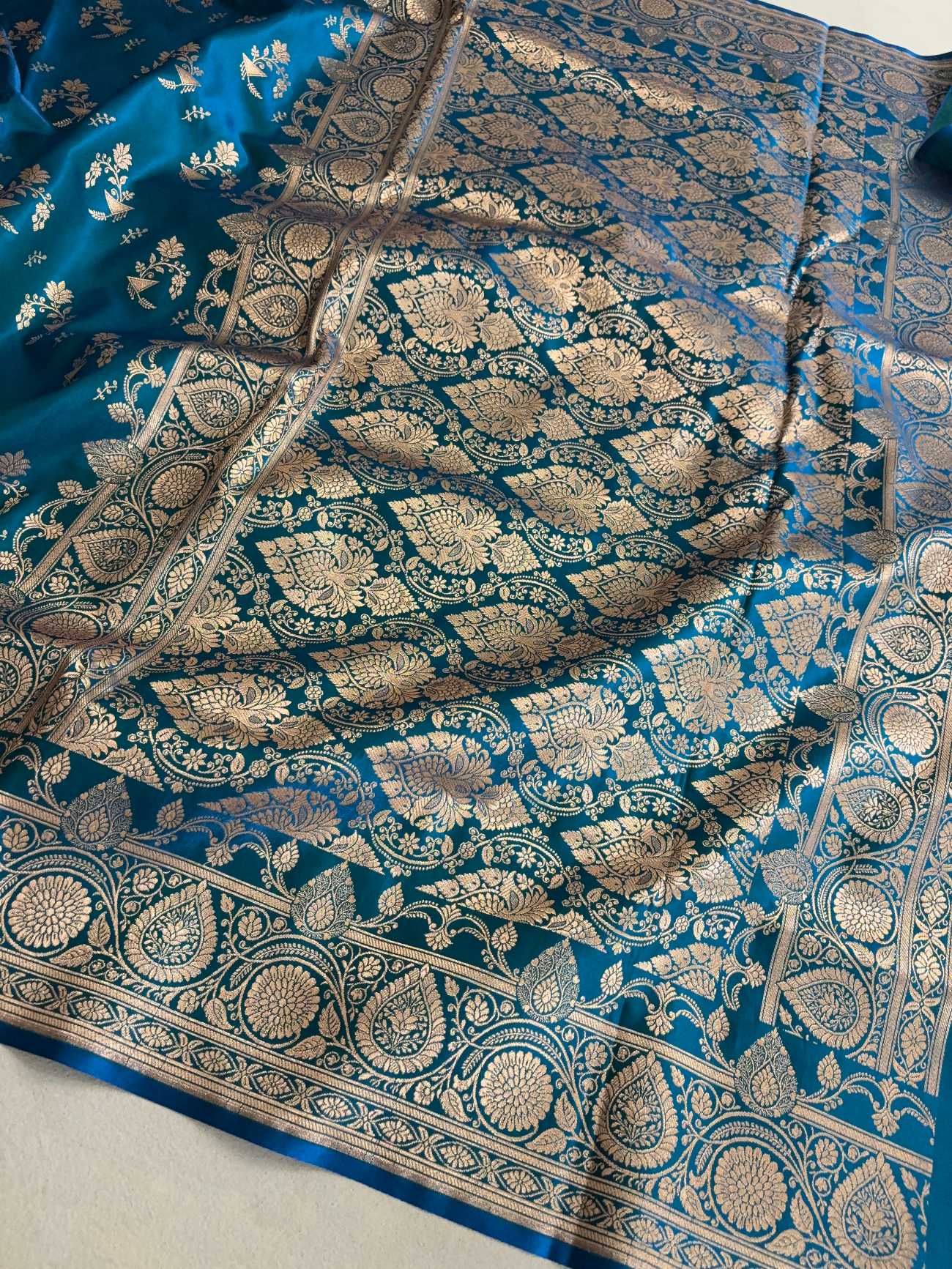 Firozi Fancy Motif Satin Silk Banarasi Saree