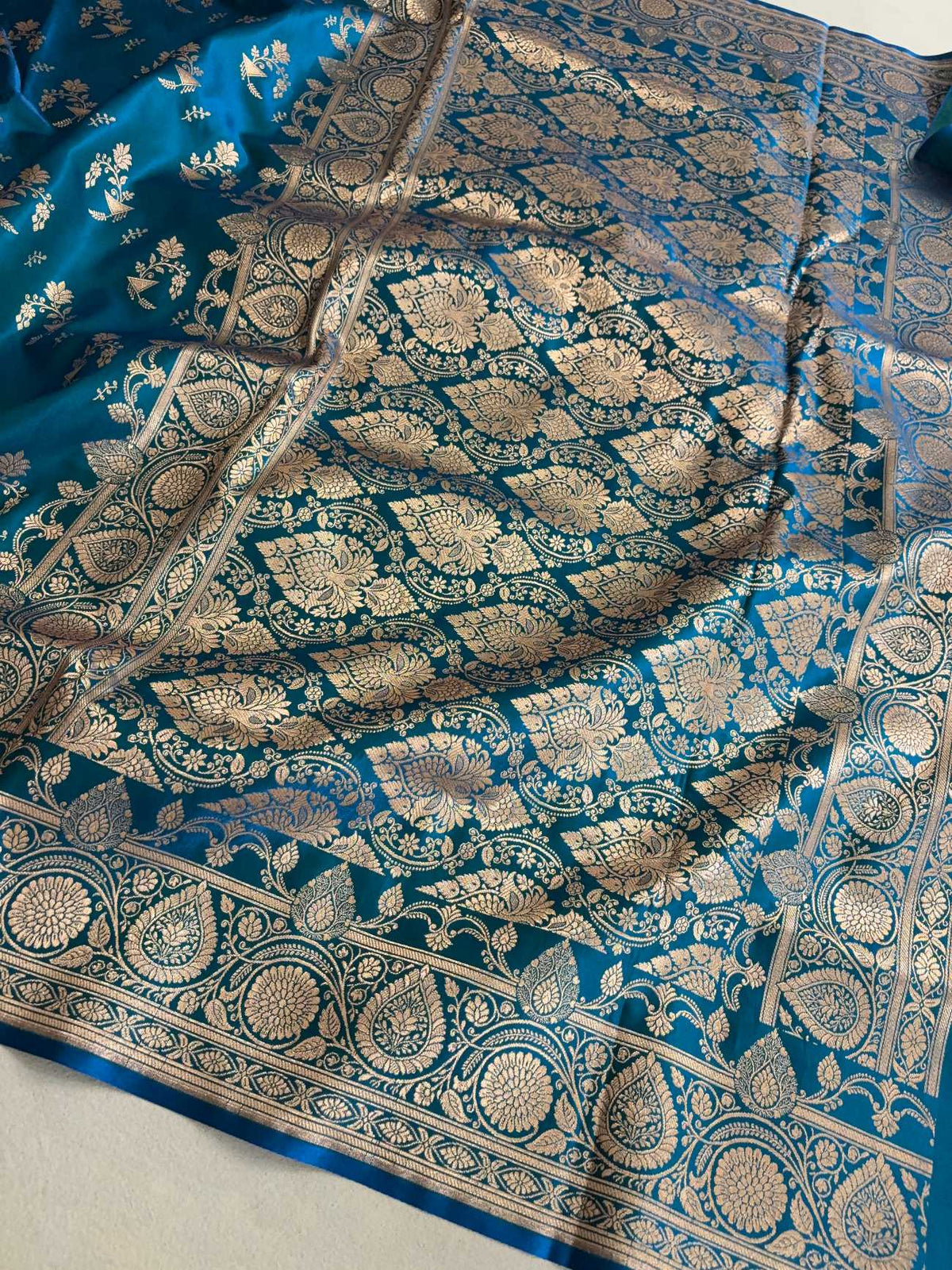 Firozi Fancy Motif Satin Silk Banarasi Saree