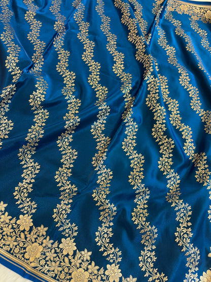 Laheriya Jaal Satin Silk Banarasi Saree Teal Blue Shades