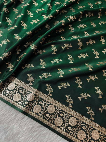 Dark Green Satin Silk Banarasi Fancy Motif Saree