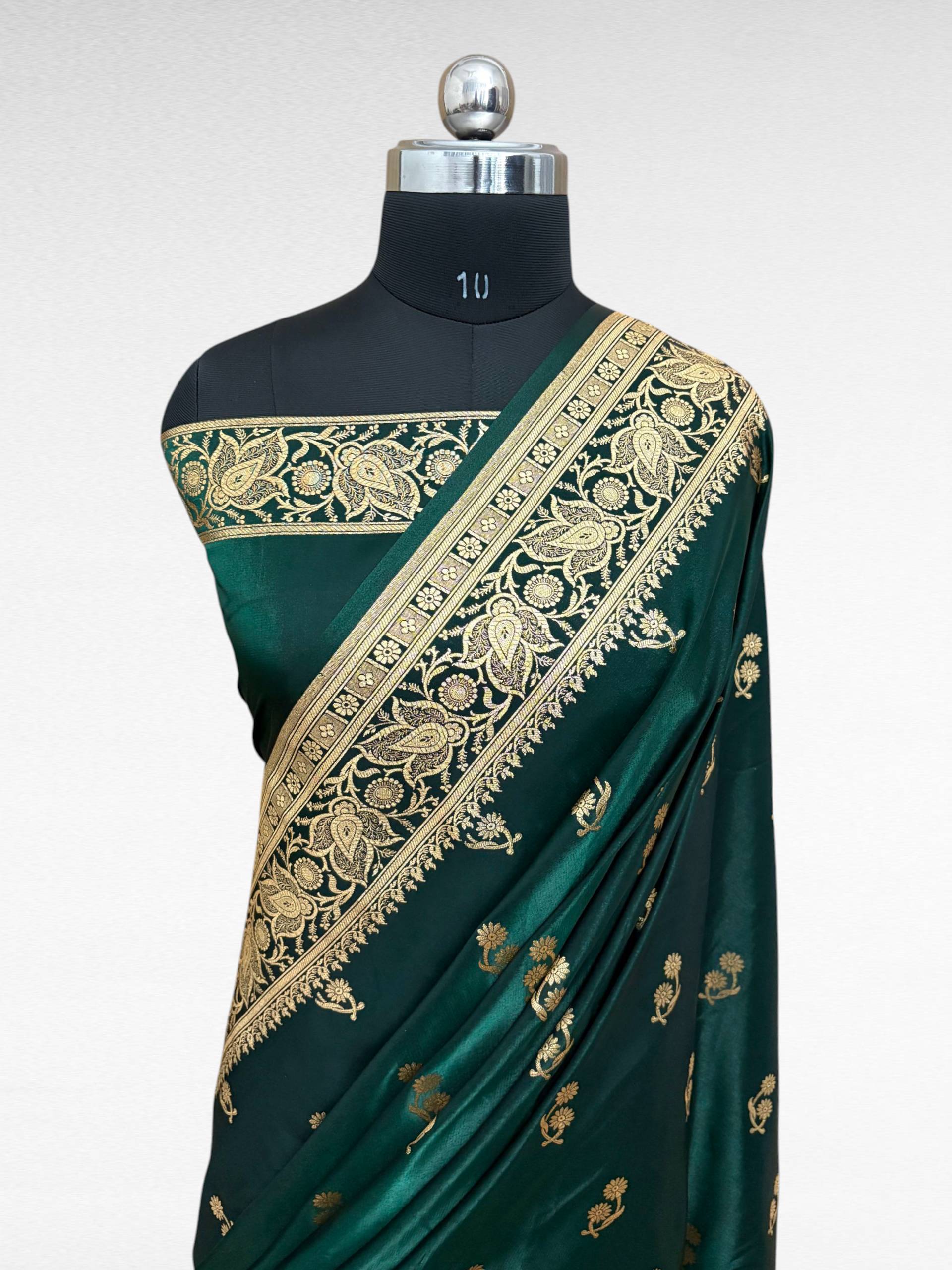 Dark Jungle Green Satin Silk Banarasi Saree