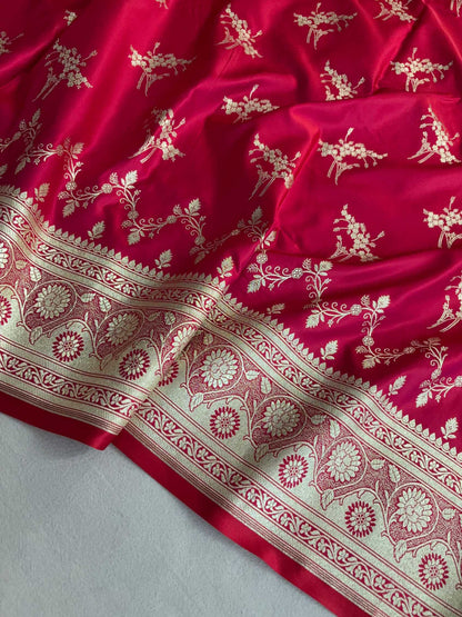 Red Pink Shaded Soft Kataan Silk Banarasi Saree Light Gold Work