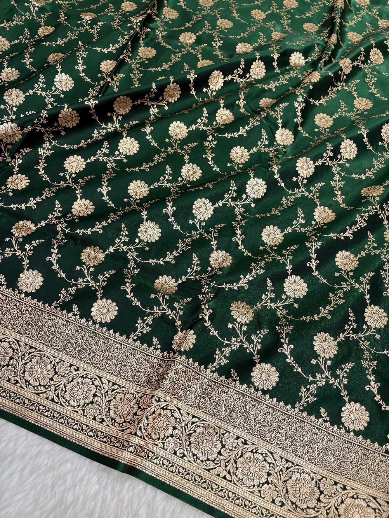Botel Green Satin Silk Banarasi Saree with Golden Zari Floral Bel Jaal
