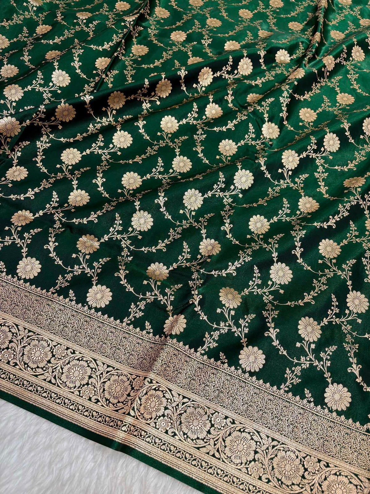 Botel Green Satin Silk Banarasi Saree with Golden Zari Floral Bel Jaal