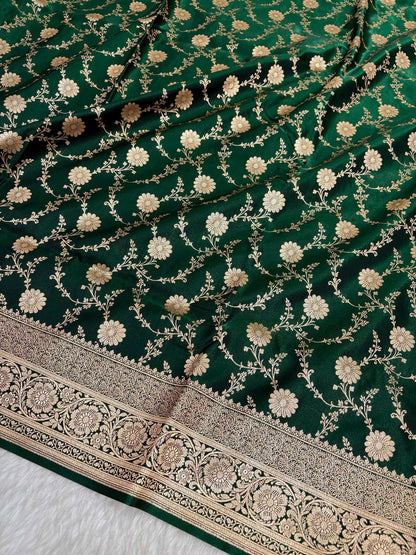 Botel Green Satin Silk Banarasi Saree with Golden Zari Floral Bel Jaal