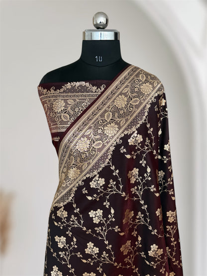 Dark Brown Satin Silk Banarasi Saree Floral Jaal