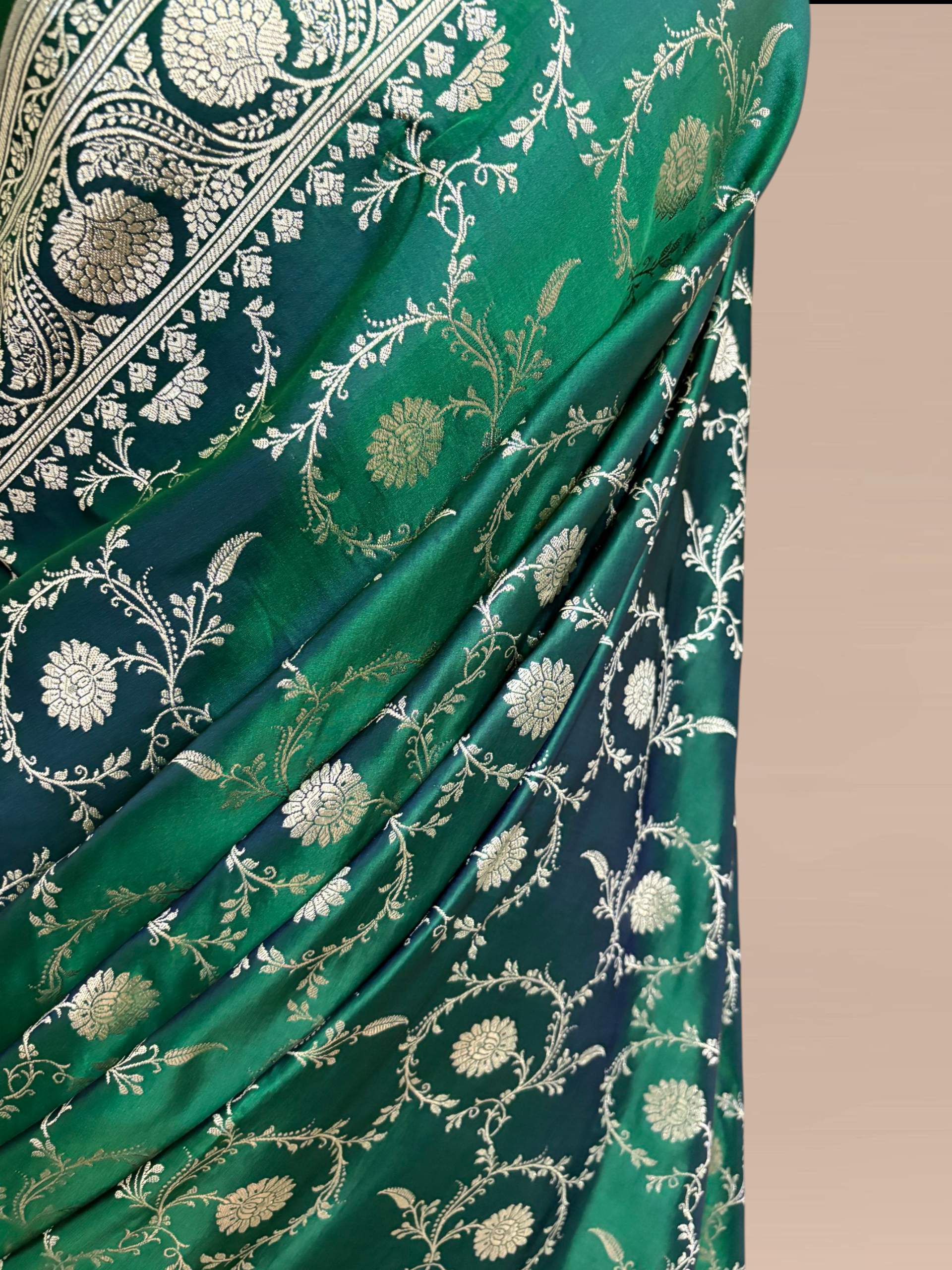 Teal Green Kataan Silk Banarasi Saree – Silver Zari Floral Jaal Pattern