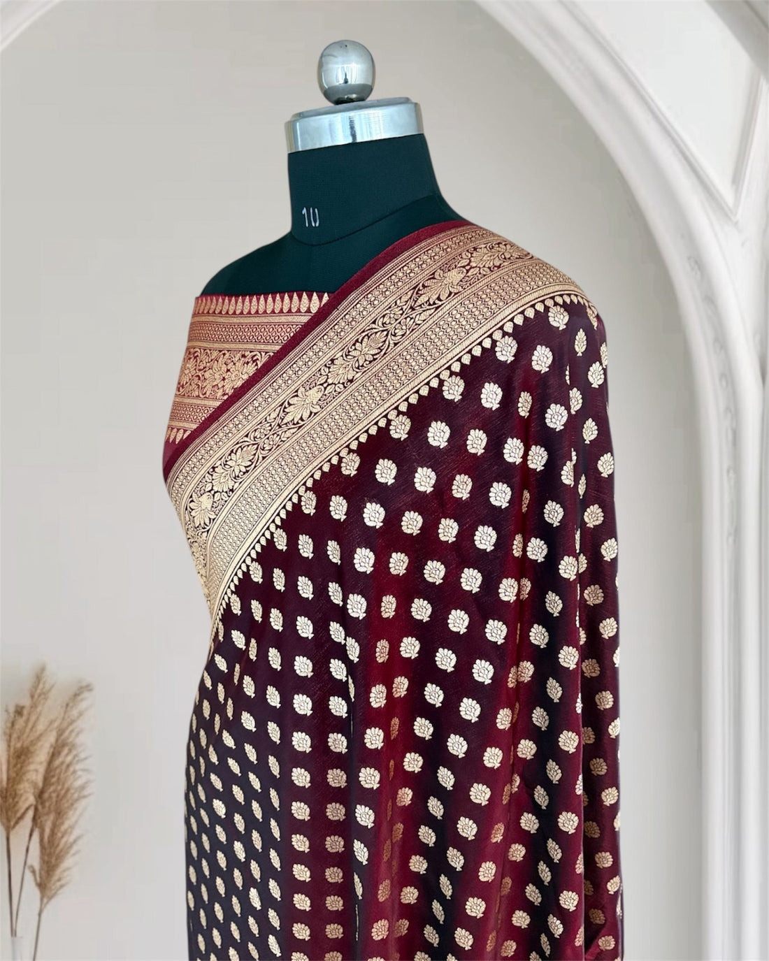 Dark Maroon Satin Silk Banarasi Motif Saree