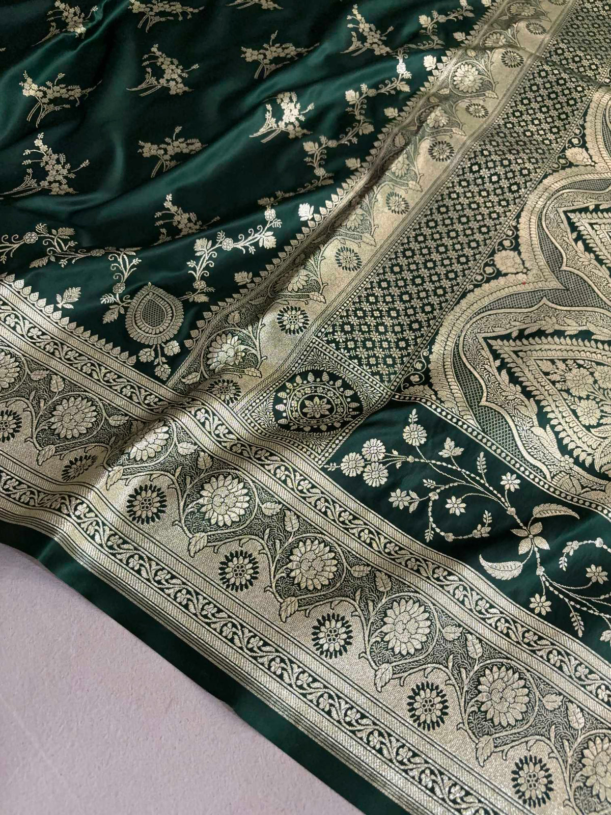 Deep Bottle Green Soft Kataan Silk Banarasi Saree Light Gold Work