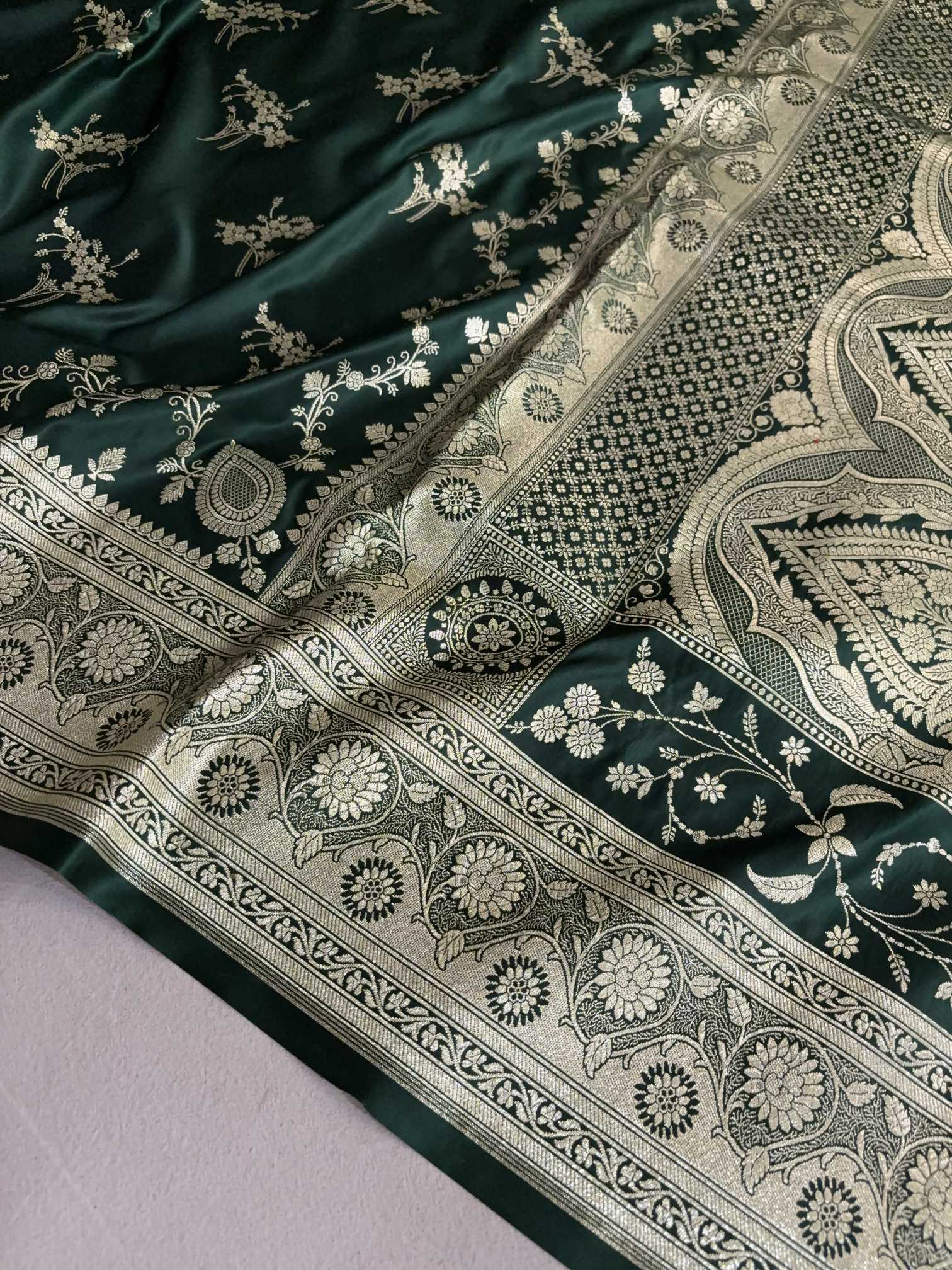 Deep Bottle Green Soft Kataan Silk Banarasi Saree Light Gold Work