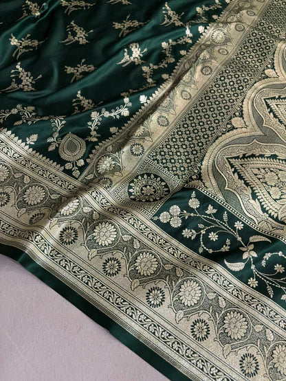 Deep Bottle Green Soft Kataan Silk Banarasi Saree Light Gold Work