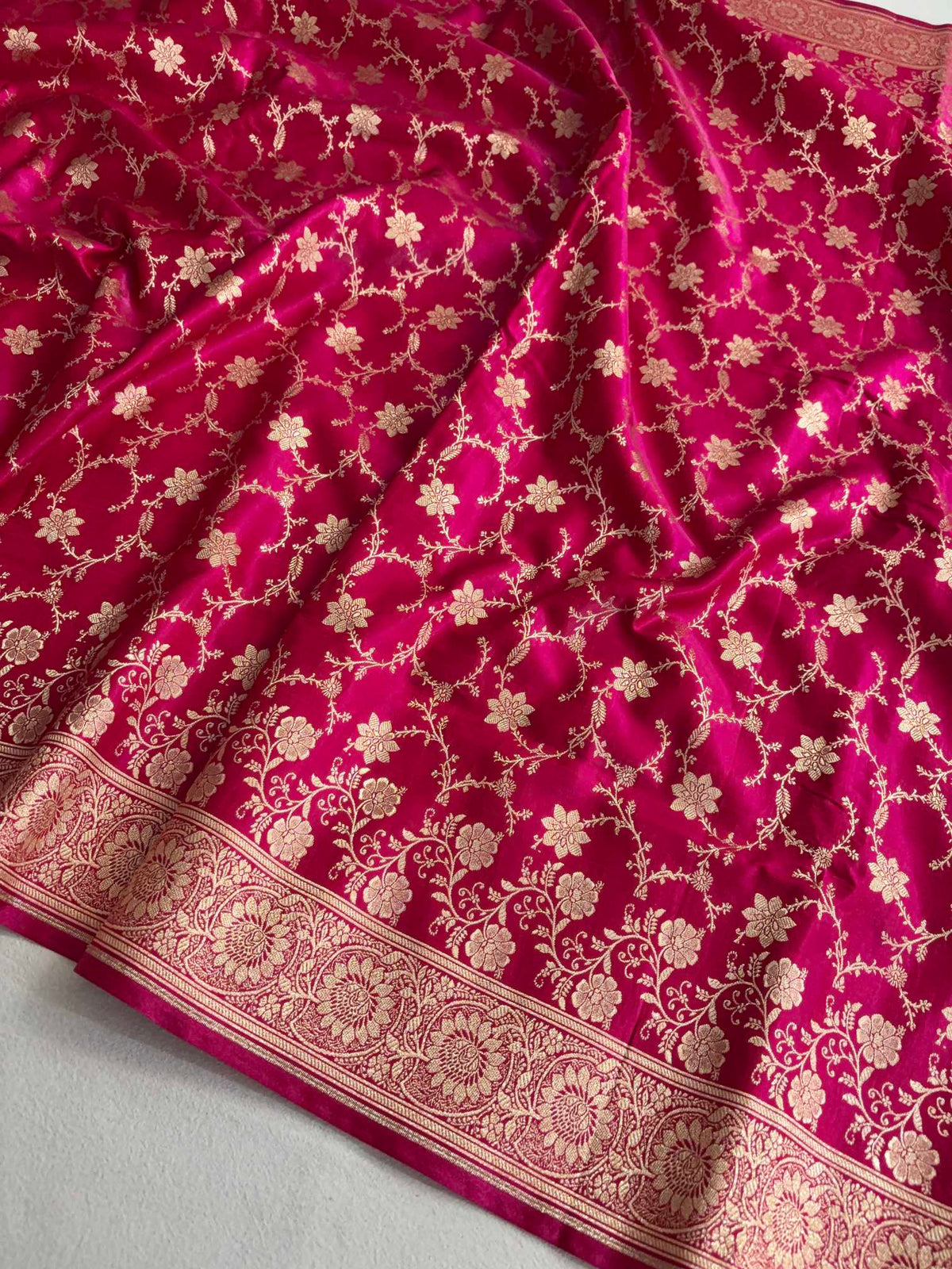 Rani Pink Satin Silk Banarasi Saree Floral Swarna Latika Jaal