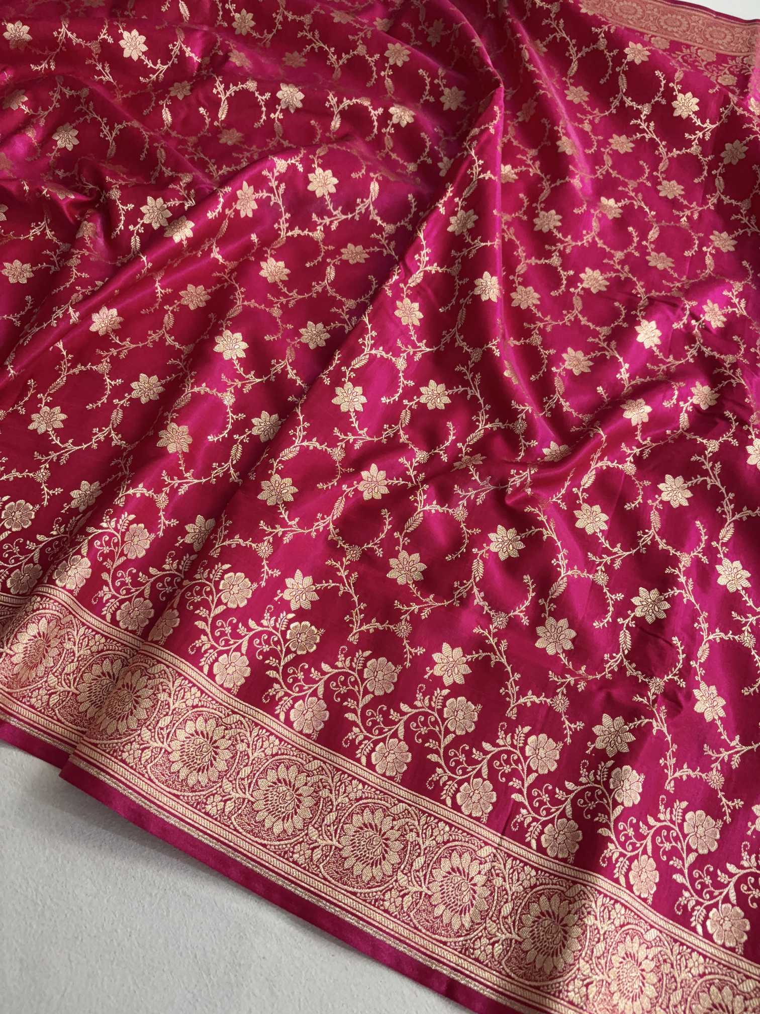 Rani Pink Satin Silk Banarasi Saree Floral Swarna Latika Jaal
