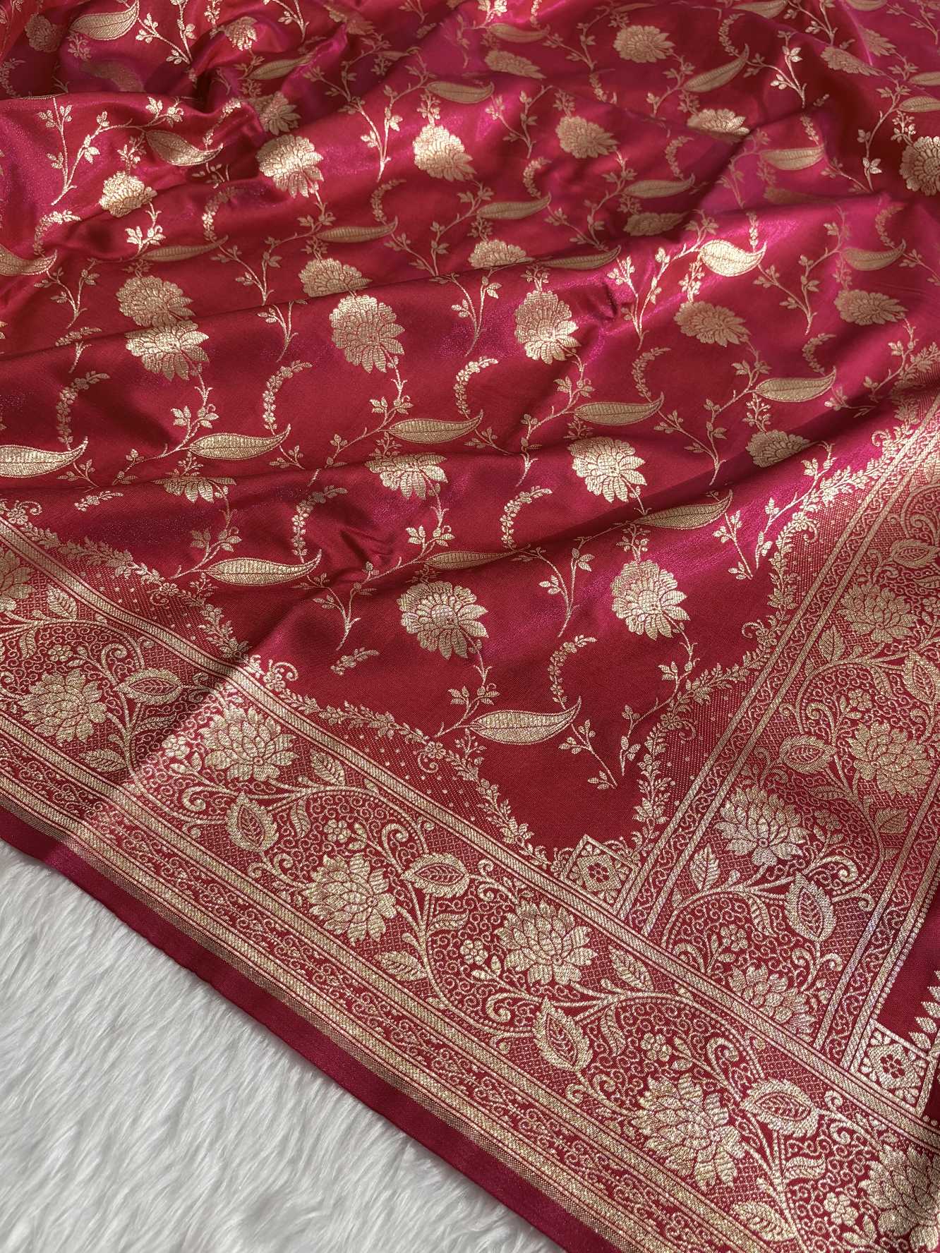 Rani Pink Satin Silk Banarasi Saree with Golden Zari Classic Jaal