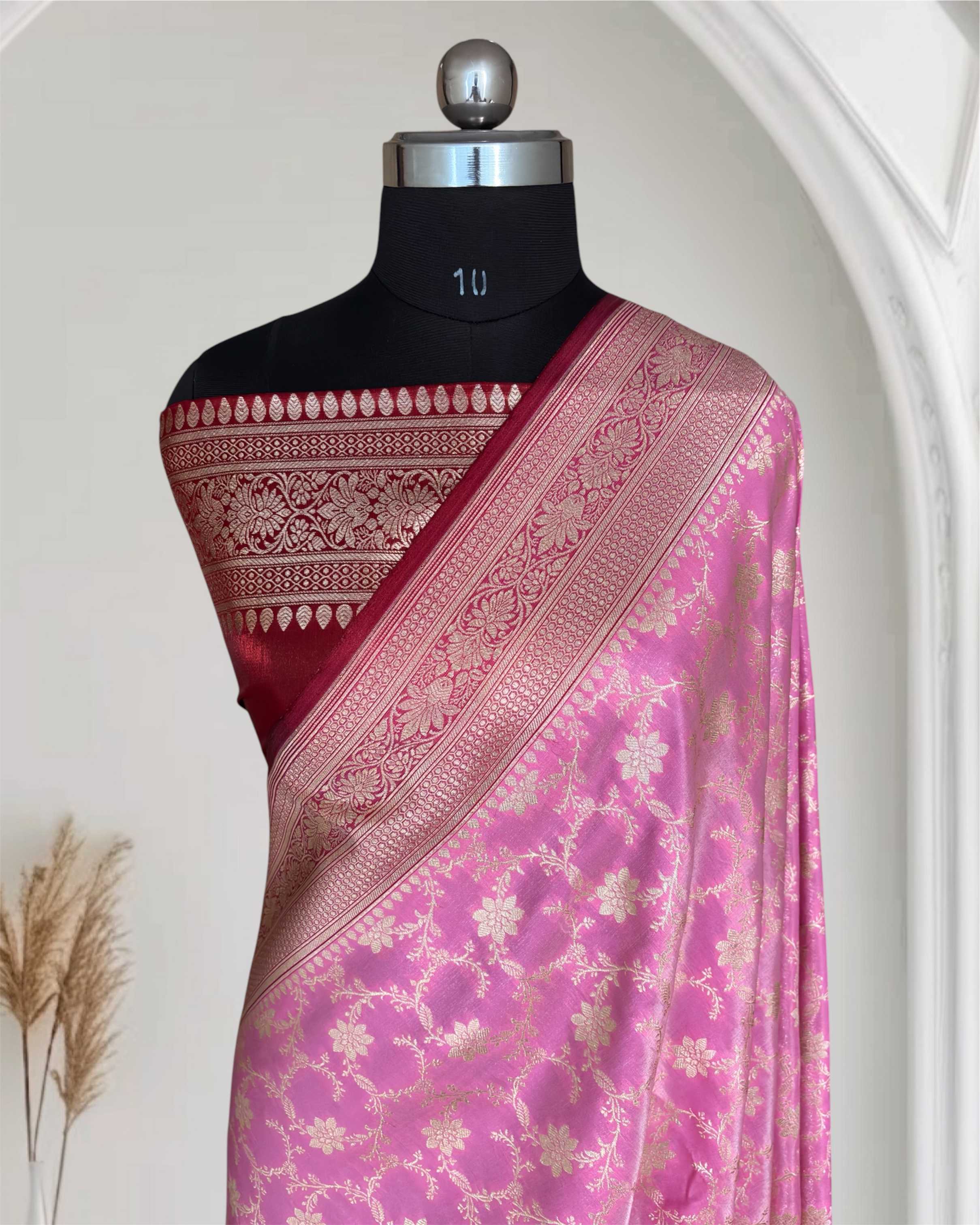 Rani & Maroon Satin Silk Banarasi Saree Jaal Pttern