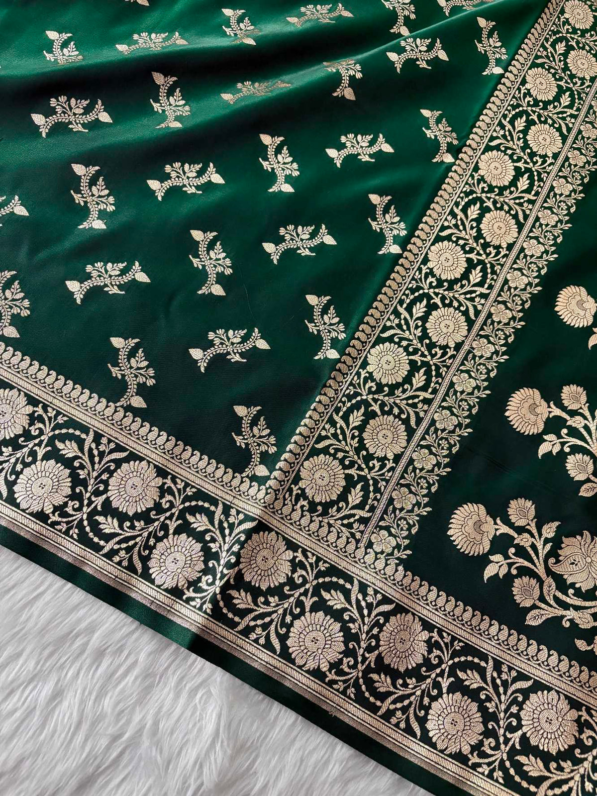Dark Green Satin Silk Banarasi Fancy Motif Saree