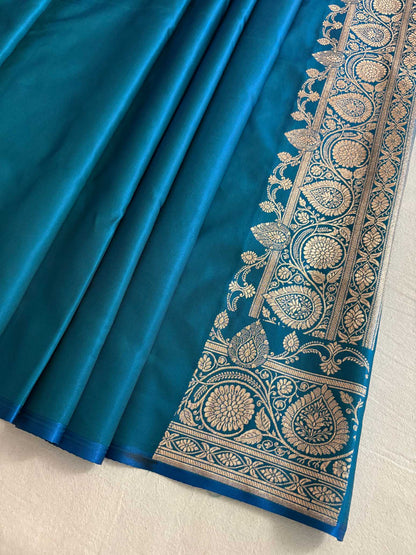 Blue-Green Bel Jaal Satin Silk Banarasi Saree