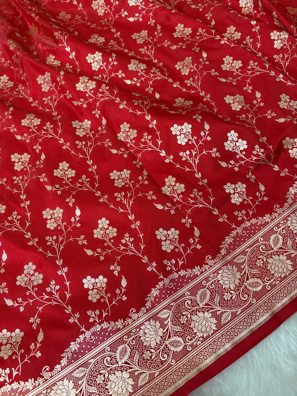 Red Satin Silk Banarasi Saree – Golden Zari Floral Jaal