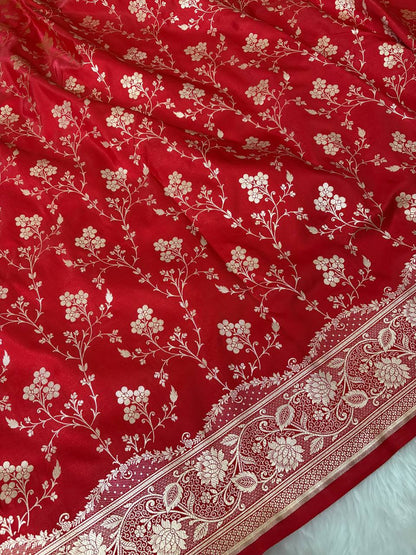 Red Satin Silk Banarasi Saree – Golden Zari Floral Jaal