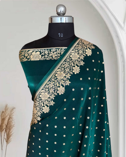 Teal Green Satin Silk Saree Banarasi Motif