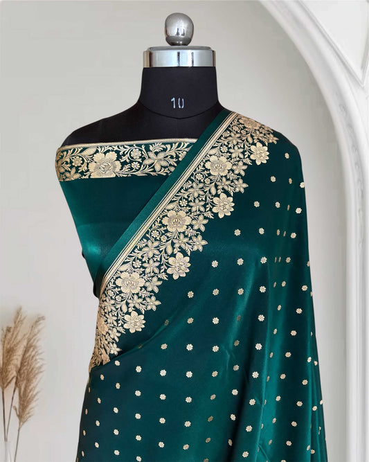 Teal Green Satin Silk Saree Banarasi Motif