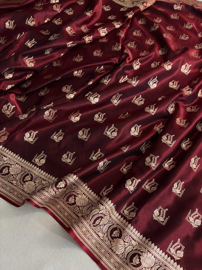 Dark Maroon Satin Silk Saree Banarasi Motif