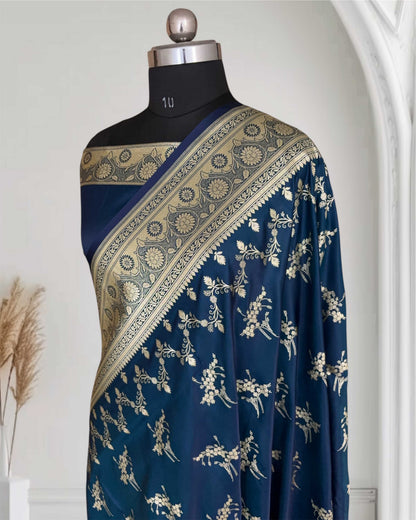 Neavy Blue Soft Kataan Silk Banarasi Saree Light Gold Work