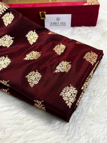 Dark Maroon Shaded New Motif Satin Silk Banarasi Saree