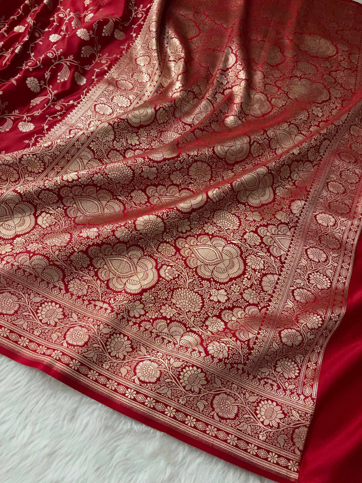 Red Kataan Satin Silk Banarasi Saree Bridal Jaal