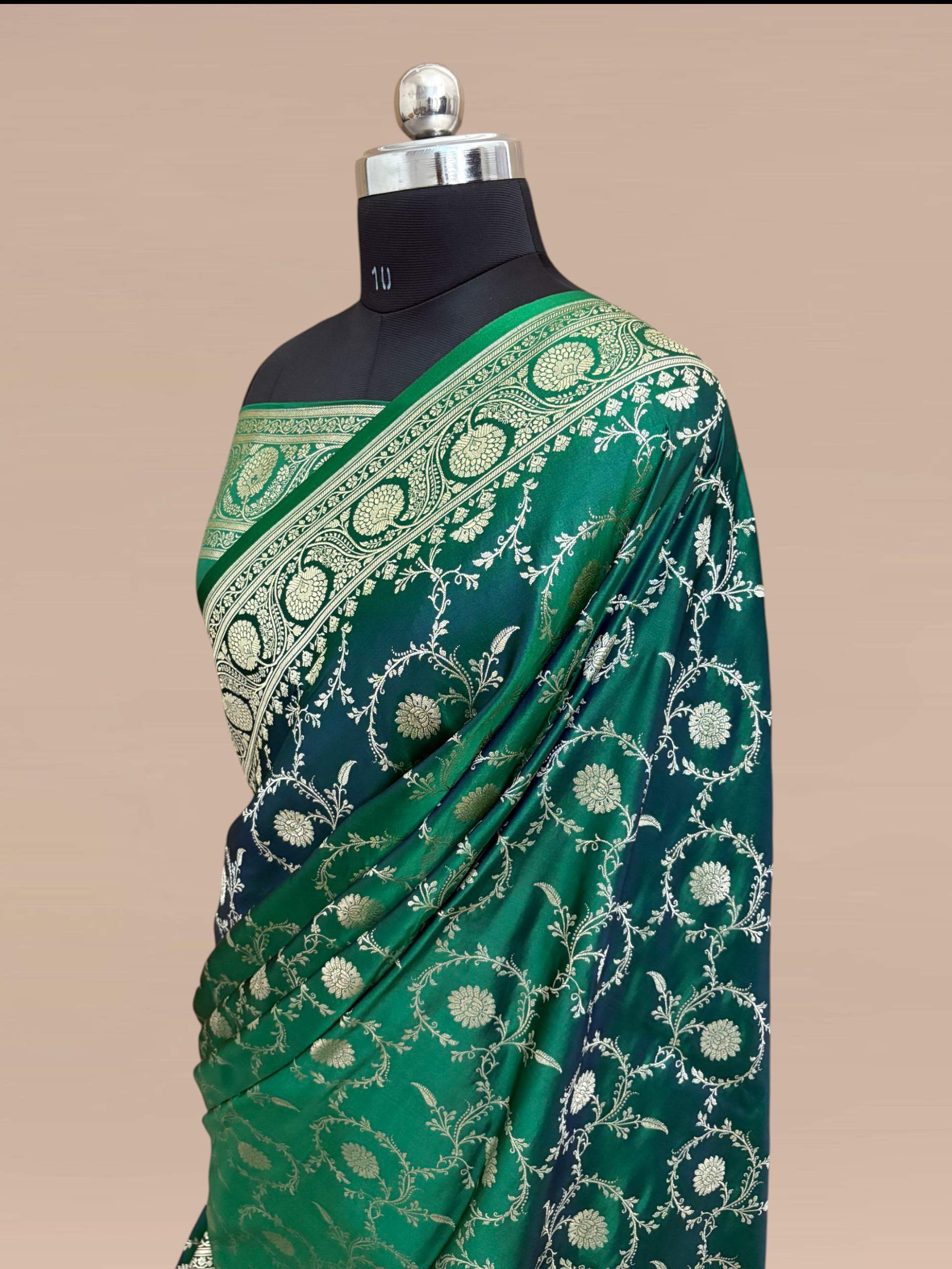 Teal Green Kataan Silk Banarasi Saree – Silver Zari Floral Jaal Pattern