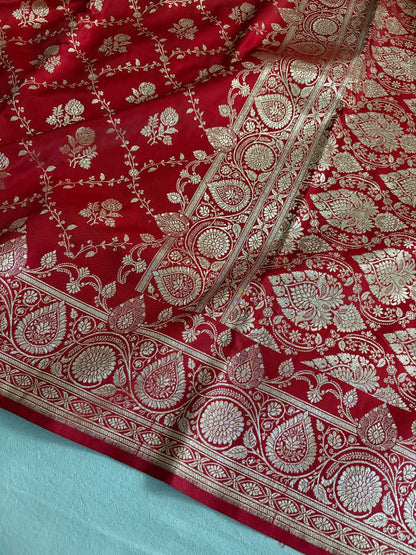 Red Bel Jaal Satin Silk Banarasi Saree