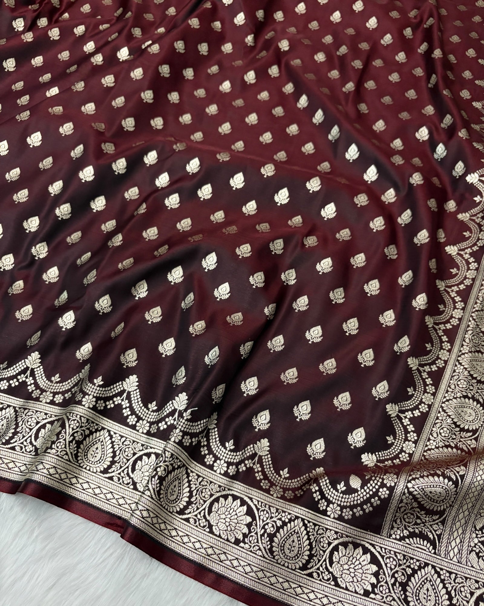 Dark Maroon Satin Silk Banarasi Saree