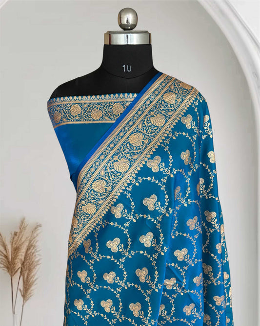 Satin Silk Saree Banarasi Jaal in Firozi Shades