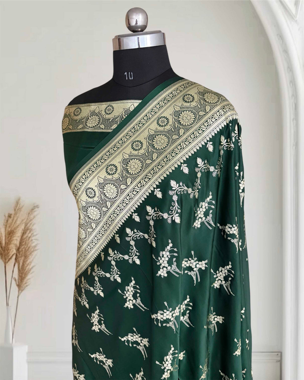 Deep Bottle Green Soft Kataan Silk Banarasi Saree Light Gold Work