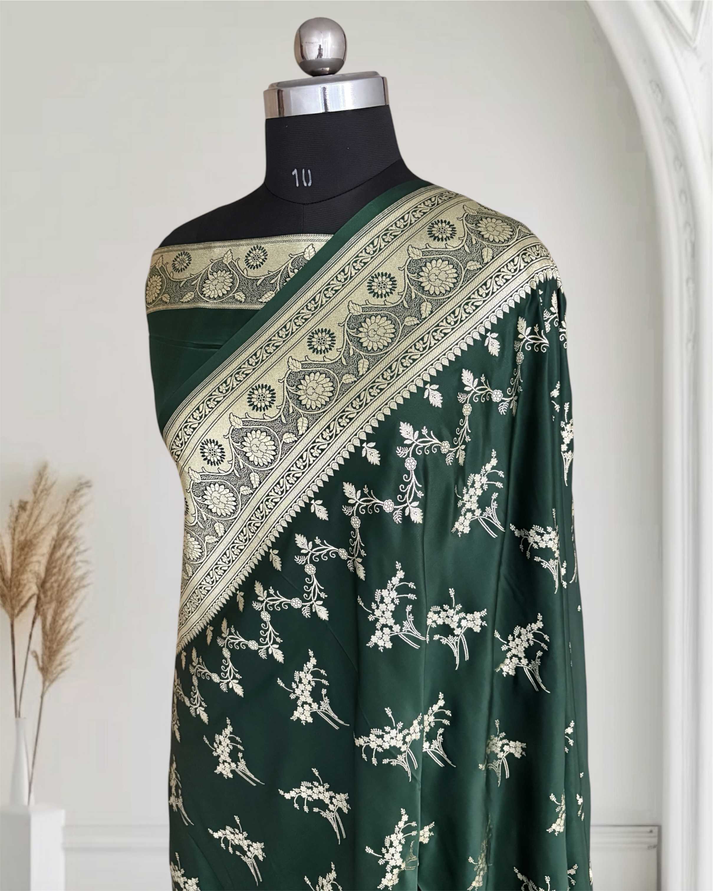 Deep Bottle Green Soft Kataan Silk Banarasi Saree Light Gold Work