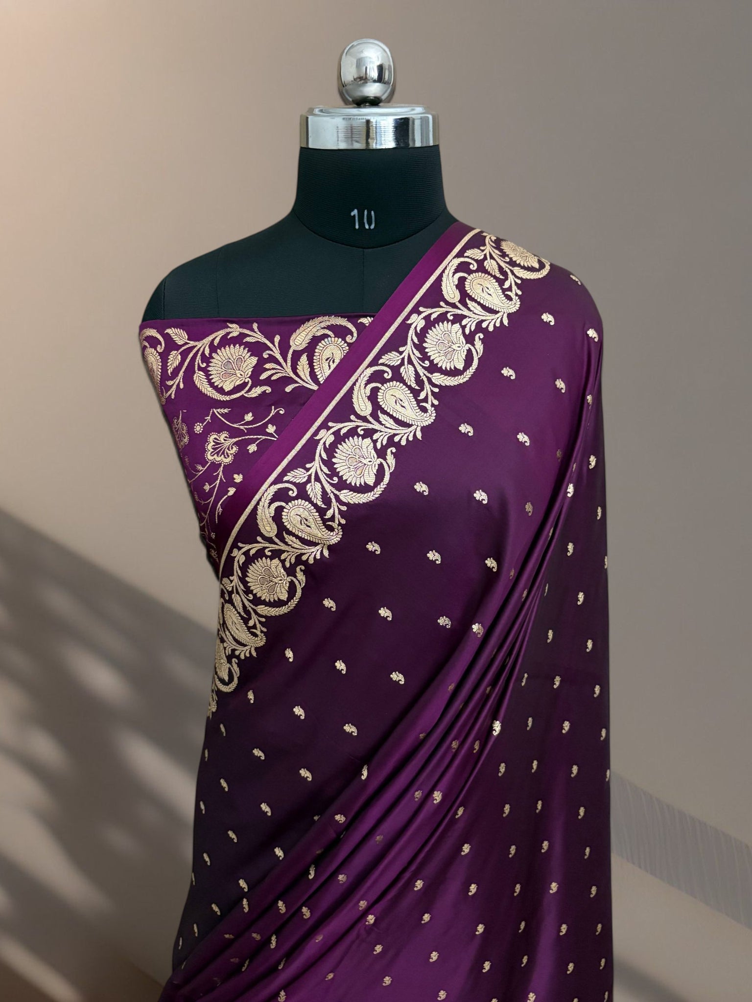 Wine Mashru Silk Banarasi Saree with Golden Zari Work