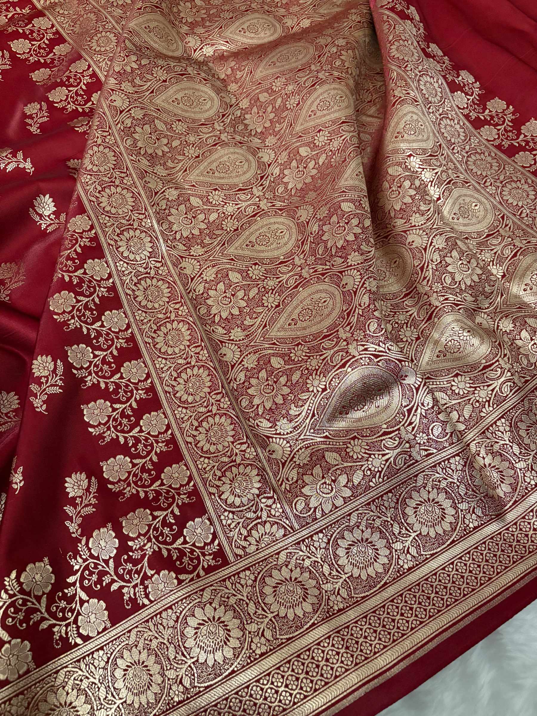 Maroon with Golden Zari Work and Rose Buti Design Satin Silk Banarasi Saree