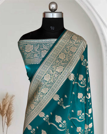 Rama Green Fancy Satin Silk Banarasi Saree – Tircha Jaal