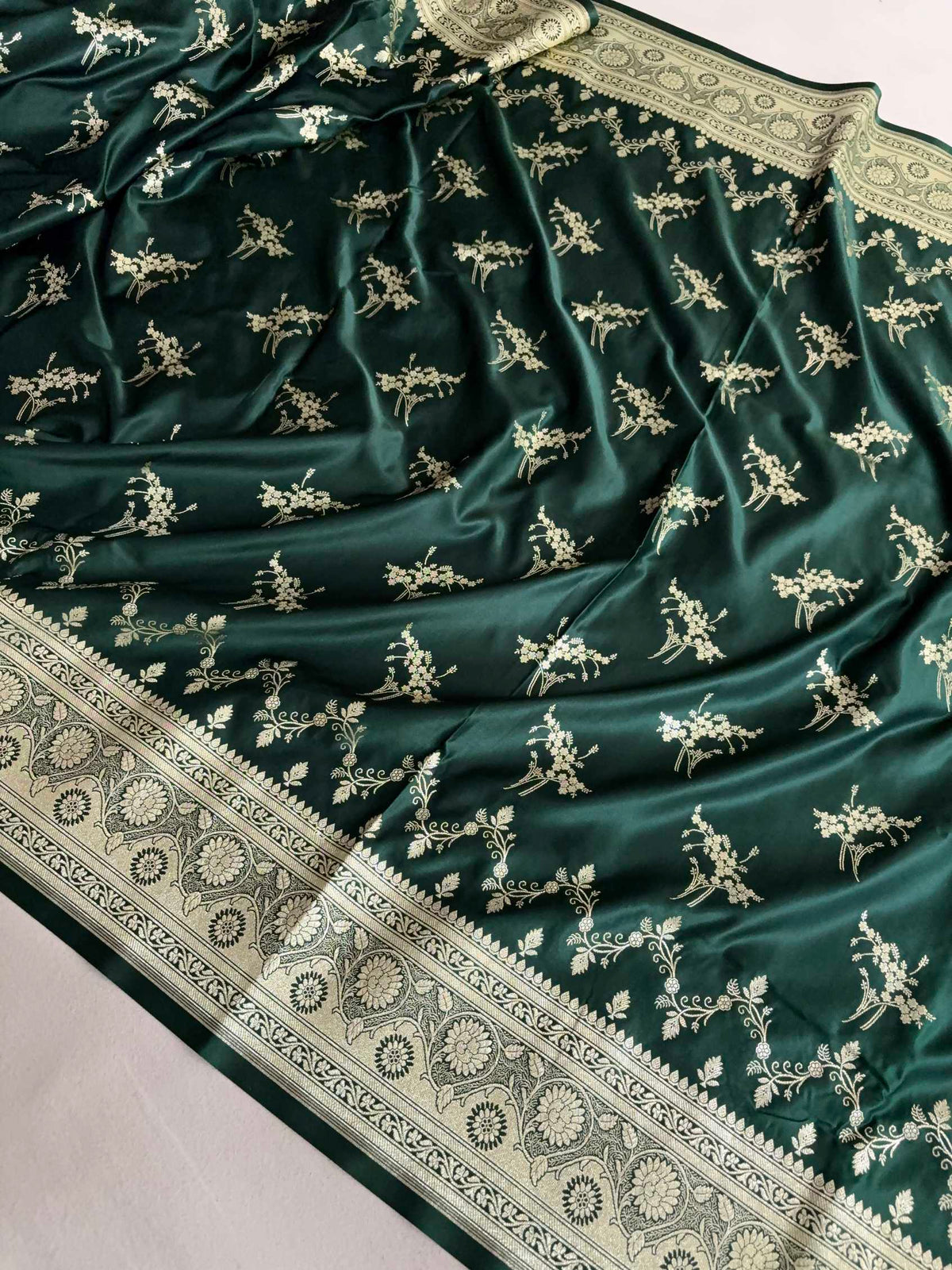Deep Bottle Green Soft Kataan Silk Banarasi Saree Light Gold Work