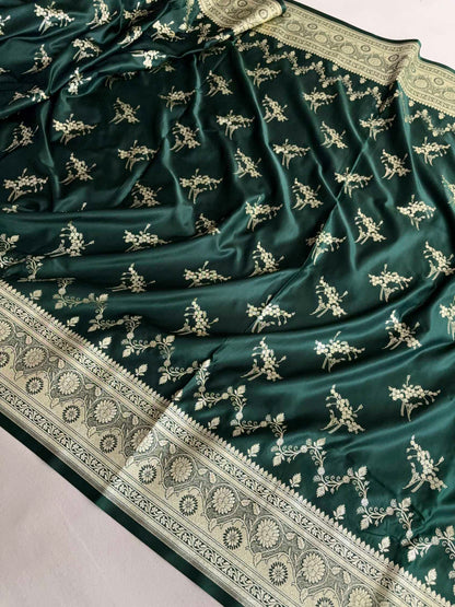 Deep Bottle Green Soft Kataan Silk Banarasi Saree Light Gold Work